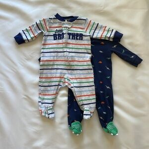 BUNDLE: Little Brother Striped & Dinosaur Footie Pajamas, size 3mo